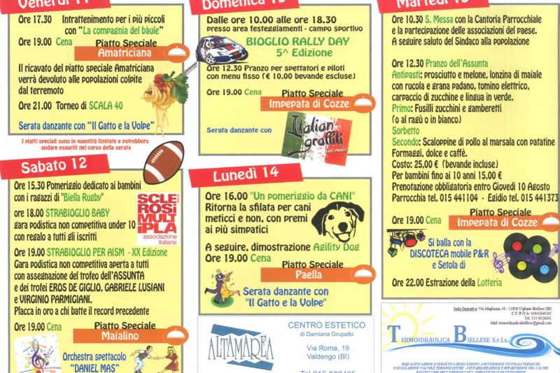 Dall’11 al 15 agosto torna Bioglio in Festa: solidarietà, divertimento e buona cucina